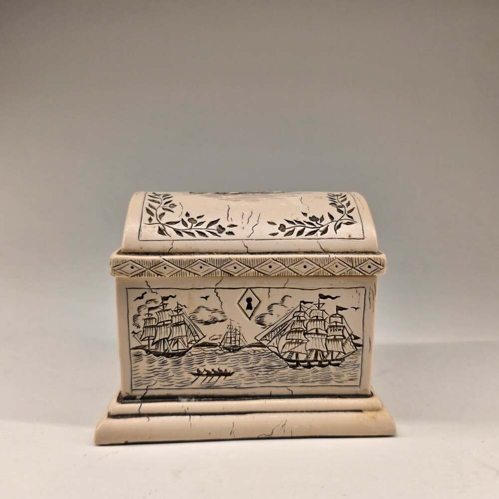 Nautical Scrimshaw Style Treasure Trinket Box Ships Whale 3x3x3.75